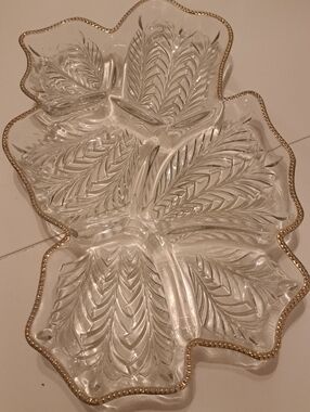 Vtg. 50's/60's Jeanette  Glass Feather Leaf Relish Dish W/ 22kGold Beaded Trim